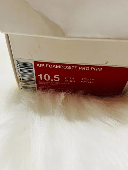 Close-up of a sneaker box with 'Air Foamposite Pro PRM' branding and size label.